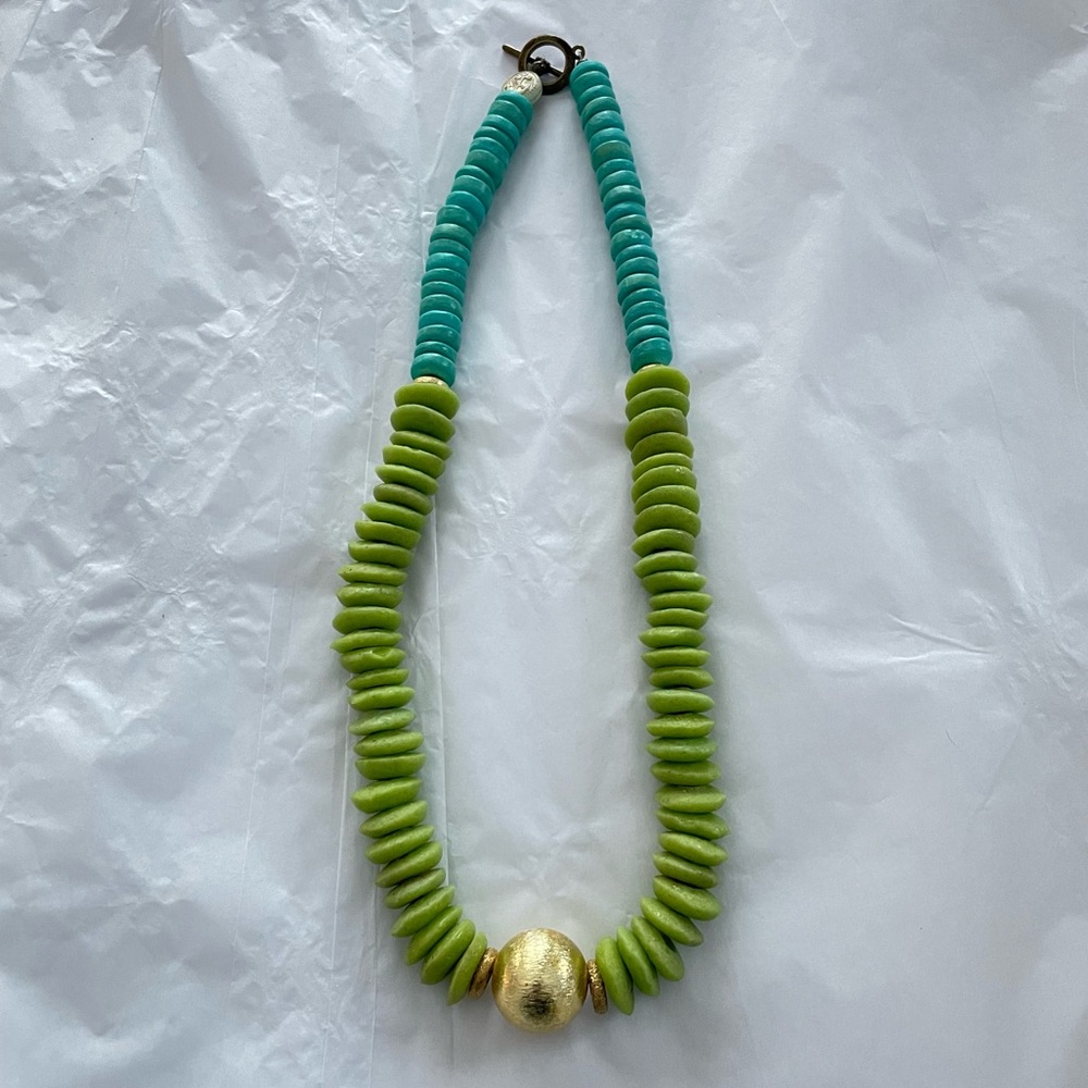 Anchor Beads Turquoise Lime Green Metallic Gold Bead Georgia Necklace 19” NWOT